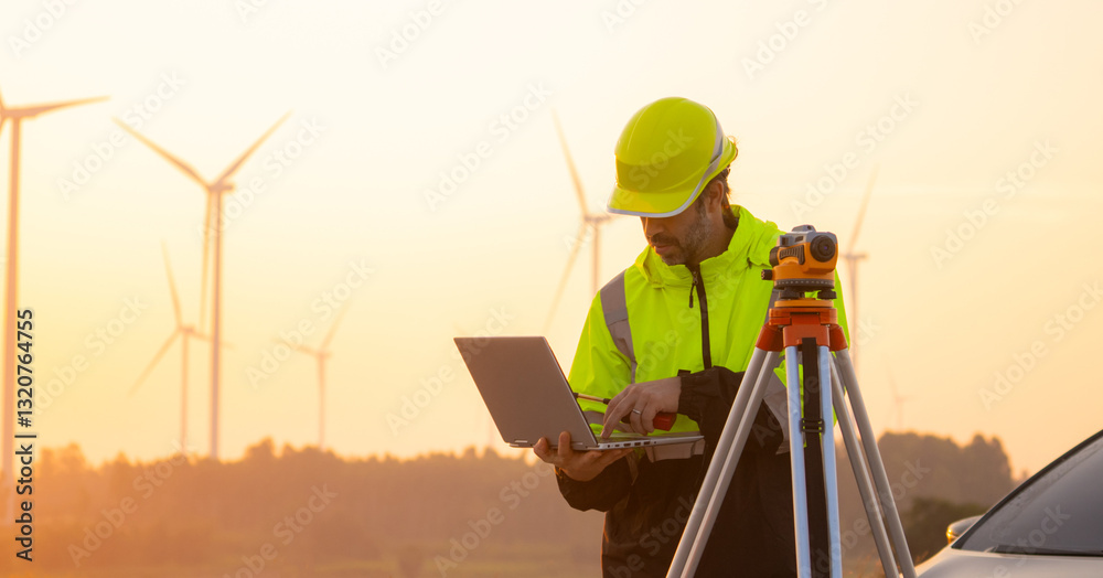 Fototapete Engineer working on laptop in front of wind turbines for checking wind turbines of the field during beautiful sunset. Alternative energy concept.