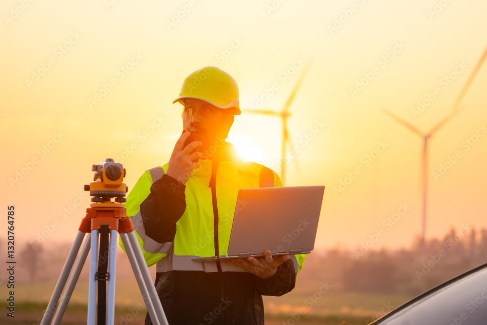 Fototapete Engineer working on laptop in front of wind turbines for checking wind turbines of the field during beautiful sunset. Alternative energy concept.