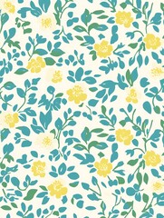 Delicate floral pattern with yellow blossoms and teal foliage motif