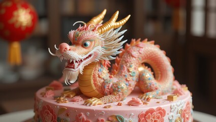 Fototapeta premium A vibrant dragon cake centerpiece adorned with intricate designs and colors, perfect for celebrations.