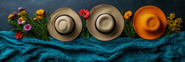 Summer getaway concept: Straw sunhats and colorful blossom with a blue textured shawl for banner or header print