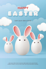 Happy Easter day greeting card and banner template. White egg with bunny ears on a blue background. Cute rabbit. Social media sale promotion poster, wallpaper. Vector