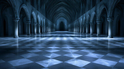 Obraz premium Dark Gothic Archway in Empty Hall with Checkerboard Floor Design