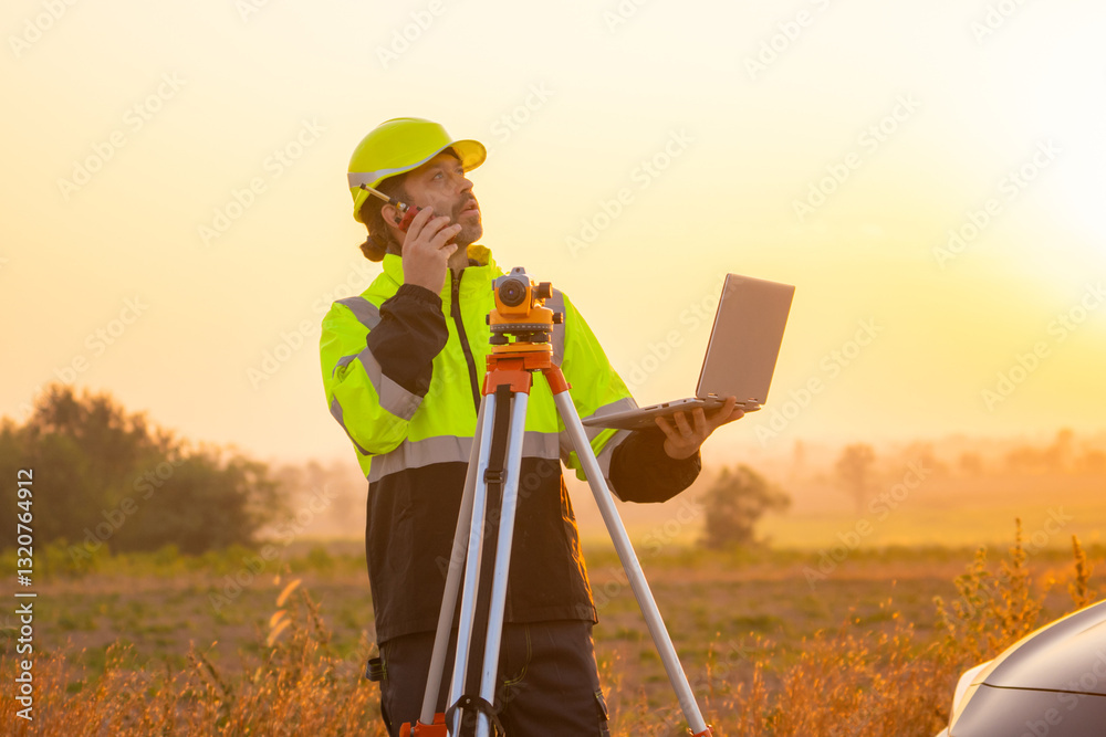Aufkleber Engineer working on laptop in front of wind turbines for checking wind turbines of the field during beautiful sunset. Alternative energy concept.
