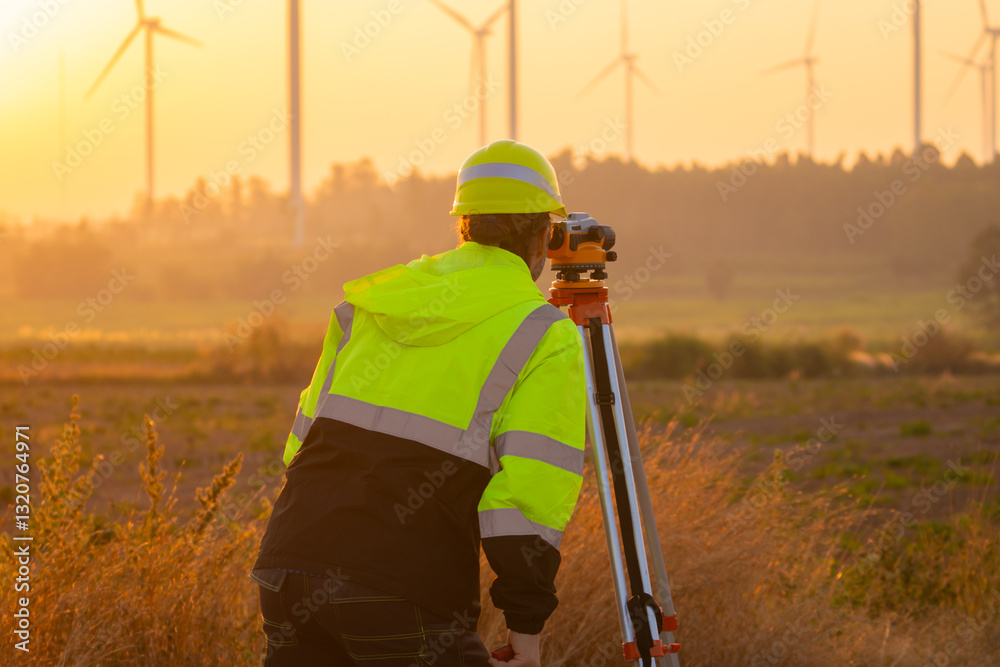 Poster engineer man working at windmill farm generating electricity clean energy. wind turbine farm generat