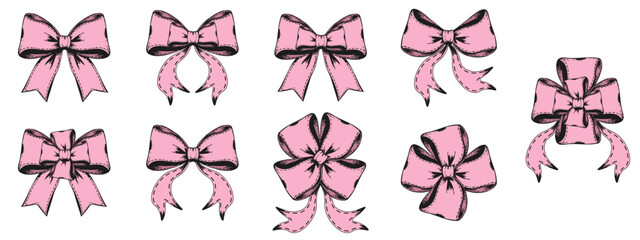 Set of Retro Coquette Bow Knot isolated transparent background. Collection vintage style pink pastel color Bows. Vector illustration set for holiday birthday card postcard design. EPS 10