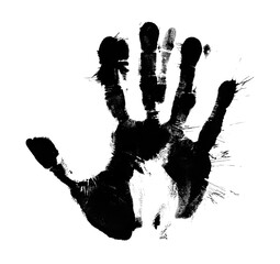 Rough black ink handprint with smeared edges and streaks.