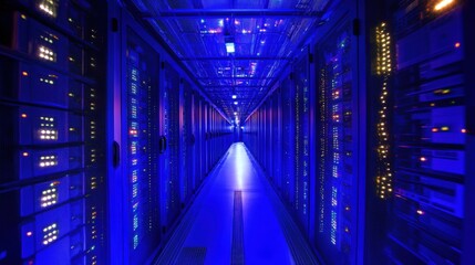 Server room hallway illuminated by blue light
