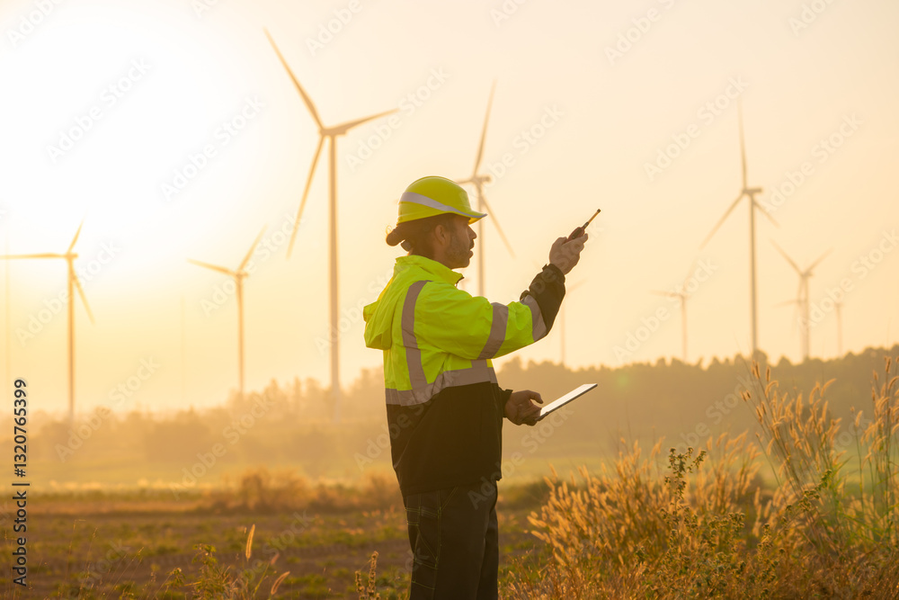 Poster Engineer man working with tablet at windmill farm Generating electricity clean energy. Wind turbine farm generator by alternative green energy.