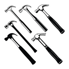 Silhouettes of Nine Different Hammers – Minimalist Tool Icons with Various Head and Handle Designs