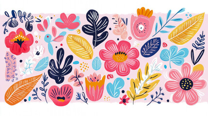 Naklejka premium Whimsical spring flower garden, design for textile, card, poster, invitation with red, pink, yellow and blue floral elements