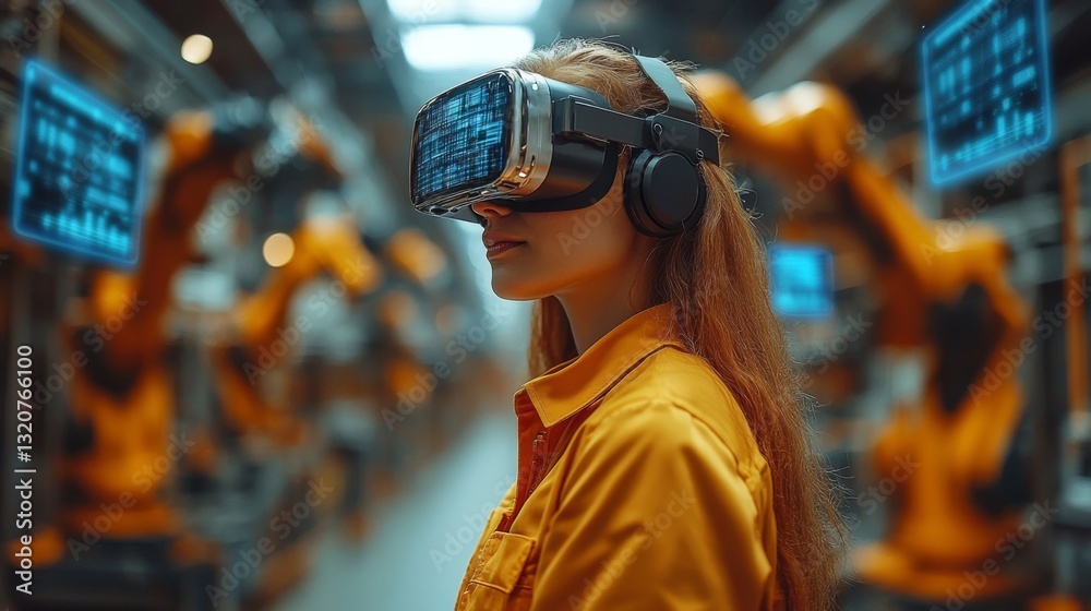 Poster a female engineer wearing virtual reality goggles assesses robotic arms in an advanced manufacturing