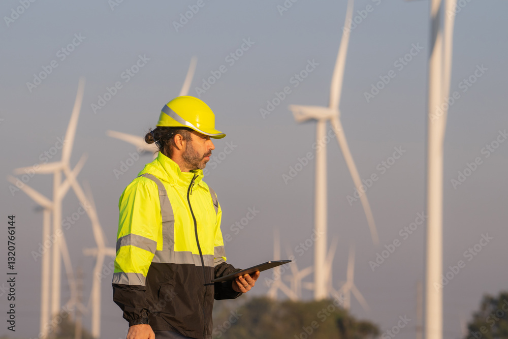 Poster Engineer man working with tablet at windmill farm Generating electricity clean energy. Wind turbine farm generator by alternative green energy.