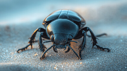 Naklejka premium A stunning portrait of a desert-dwelling beetle, its glossy black shell reflecting subtle light, crawling on a smooth