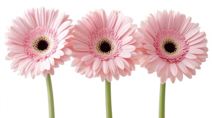 Three pink daisy flowers are standing tall against white background