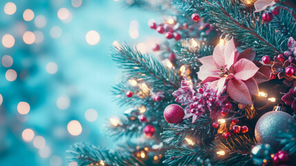 Obraz premium Holiday card: A festive Christmas tree adorned with ornaments, lights and poinsettias against a bokeh light evoking the spirit of Christmas
