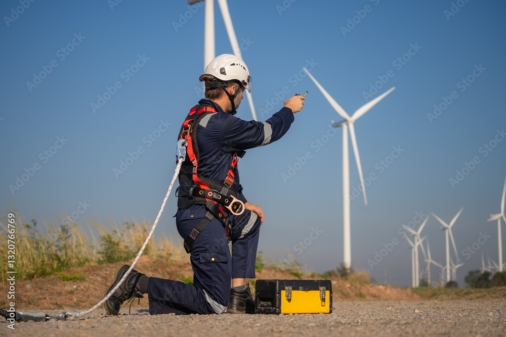 Aufkleber Engineer man working at windmill farm Generating electricity clean energy. Wind turbine farm generator by alternative green energy.