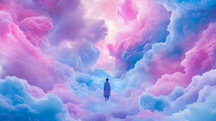 Dreamscape Journey: A Solitary Figure Navigating Clouds of Serenity and Wonder