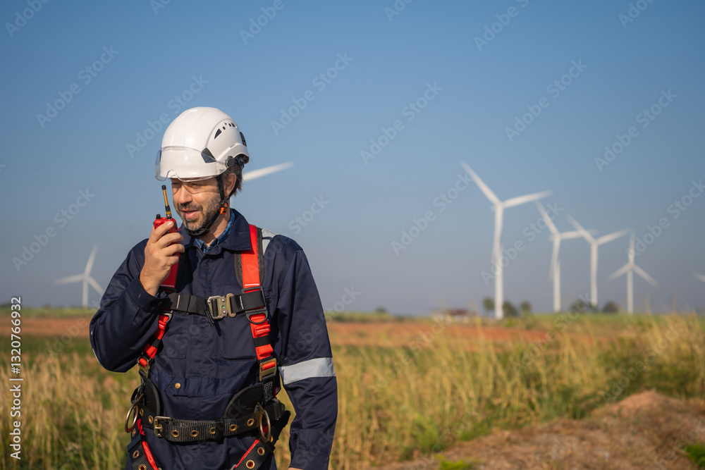 Poster engineer man working at windmill farm generating electricity clean energy. wind turbine farm generat