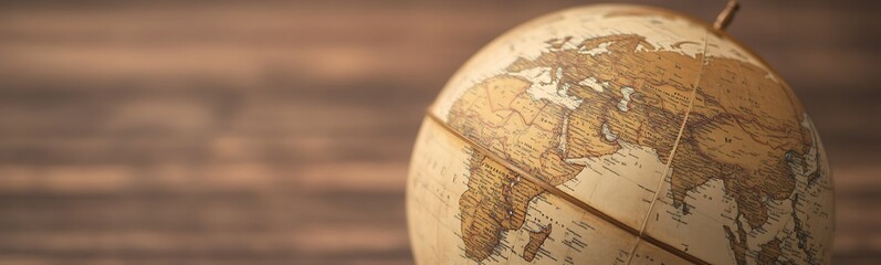 Fototapeta premium Vintage globe on wooden surface, highlighting world geography and exploration.
