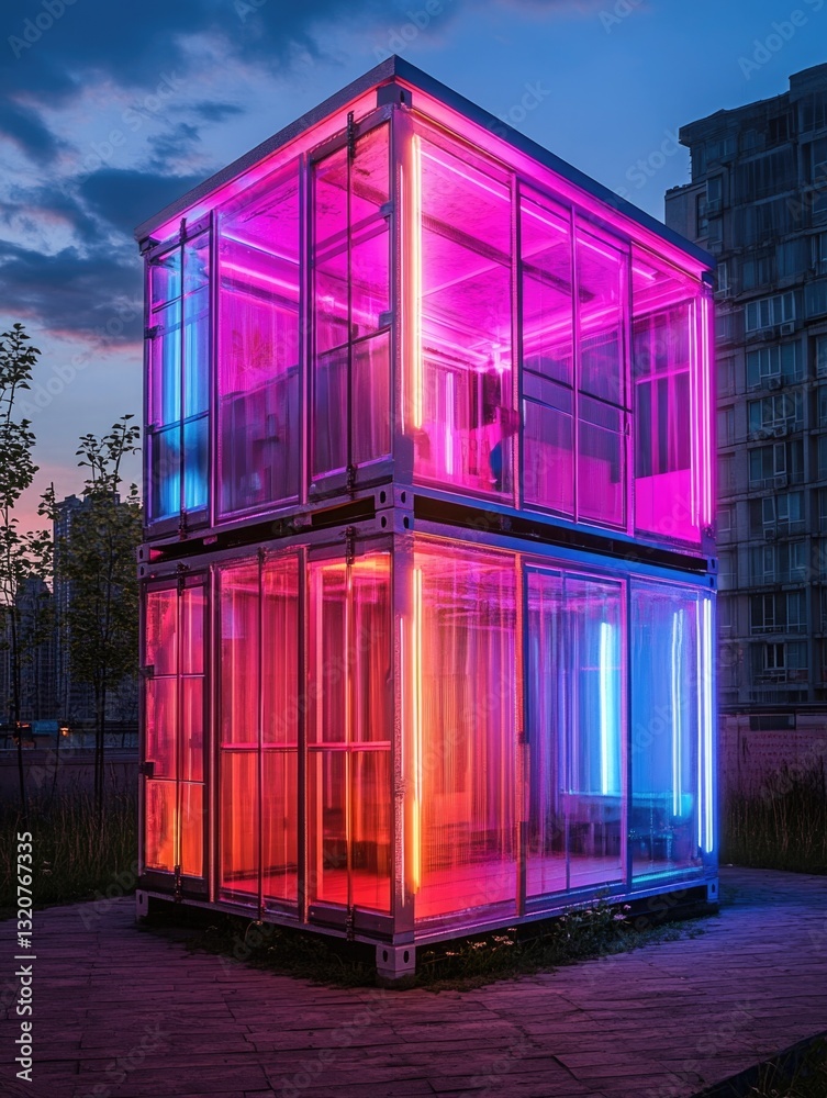 Poster a vibrant building illuminated at night in an urban setting, suitable for use as a backdrop for even