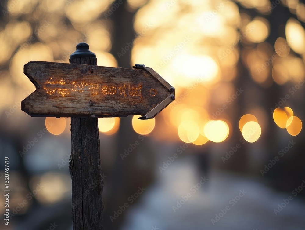 Poster a wooden sign with arrows pointing in opposite directions, indicating a fork in the road