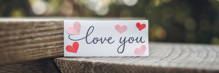 Love Message on Wooden Surface with Pink and Red Hearts