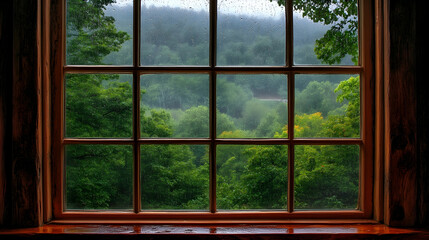 Serene View Through Window With Rain On Glass And Lush Landscape