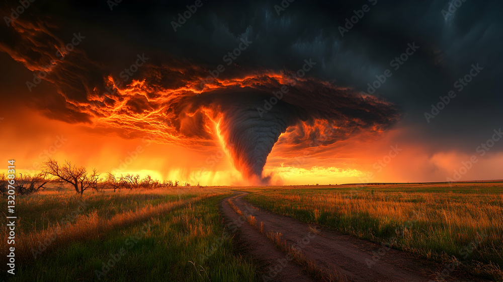 Wall mural dramatic tornado swirling in vibrant sunset sky over open field