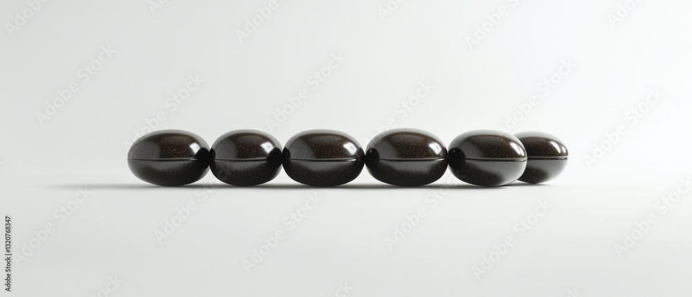 Poster a group of black balls sitting side by side, often used in photography, design, or as a prop for var