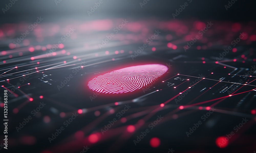Poster Digital fingerprint with glowing lines and nodes on a dark background.