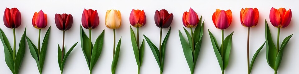 Fototapeta premium Colorful Spring Tulip Flowers Arranged in a Row on a Solid Background with Copy Space for Text.
