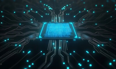 Futuristic circuit board with glowing elements and a central chip.