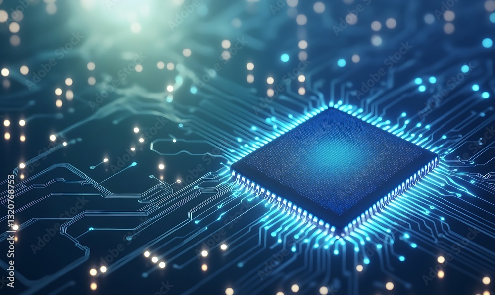 Poster futuristic microchip with glowing circuitry and blue lights on a digital background.