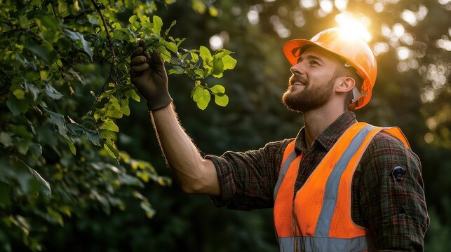 Young Male Worker in Safety Gear Examines Green Leaves at Sunset in Forest Environment