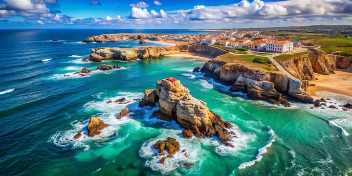 Breathtaking Aerial View of Baleal Island, Peniche: Turquoise Sea, Dramatic Rocks & Sky