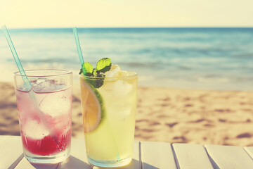 Obraz premium Colorful Summer Beverages with Citrus Garnish on White Table with Beach View