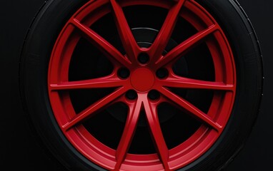 Red Alloy Wheel with Black Tire on Dark Background