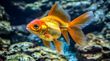 Fototapeta premium Vibrant Goldfish Swimming in Clear Blue Aquarium Water