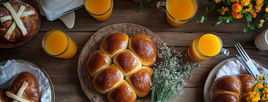 Easter breakfast table with hot cross buns and juice