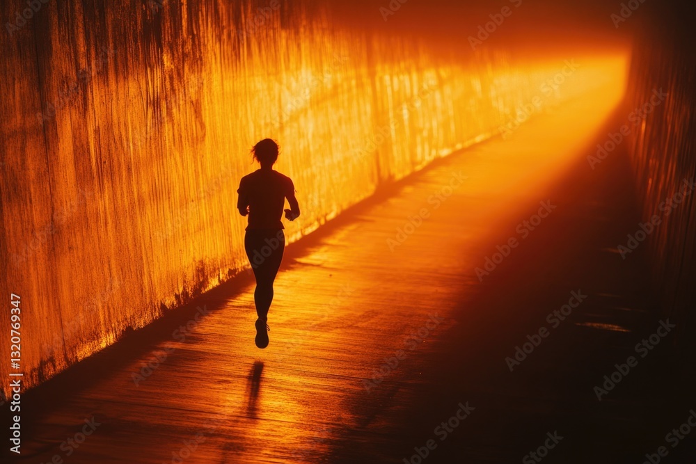 Poster a person running through a dark tunnel at night