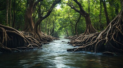 Fototapeta premium Mystical forest river with intertwining tree roots creating an ethereal pathway