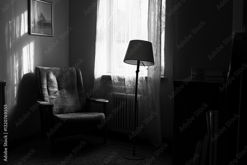Poster a chair sitting next to a lamp in front of a window