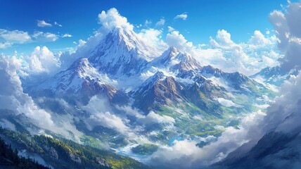 Obraz premium Crystal Clear Blue Sky Over Snow-Capped Mountains with Misty Cloud Sea, Lush Green Trees at the Base, Pristine Alpine Landscape, Serene Natural Beauty, High Altitude Vista, Icy Peaks, Cloud Formation,