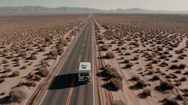 Rv journey through endless desert highway with expansive mountain views