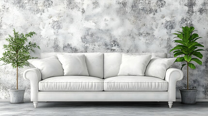 Elegant White Sofa with Decorative Plants in Modern Living Room Design