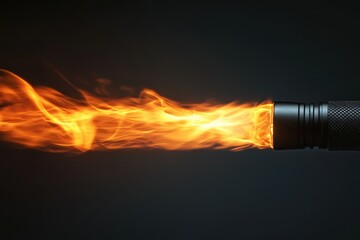 A black flashlight emitting flames from its illuminated end