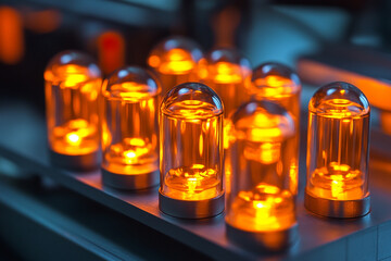 Glowing orange glass tubes illuminated technology background warm bulb lamp light retro shiny clear