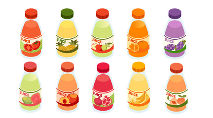 Isometric Juice collection. Assorted fruit and vegetable juice in small bottles. Glass or plastic bottles with label. Vector illustration isolated on white background