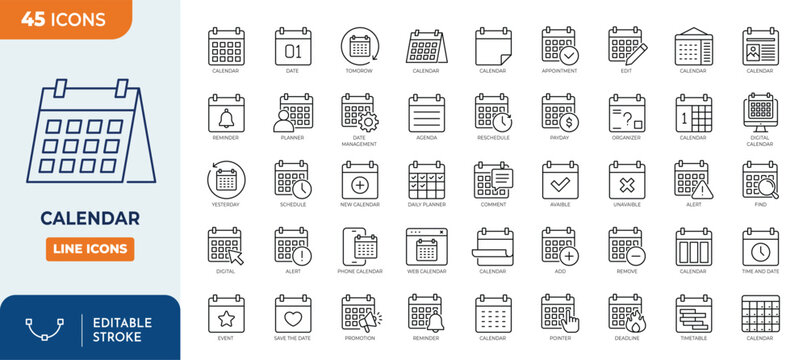 Calendar icon set. Containing date, schedule, month, week, appointment, agenda, organization, event, and more. Outline Icon Collection. Vector illustration. Editable stroke	